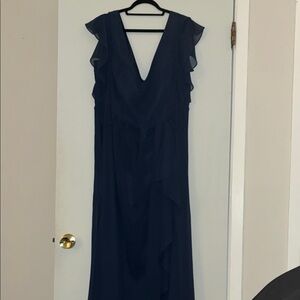 David's Bridal Plus Size Flutter Sleeve Deep Blue Chiffon Gown/Dress